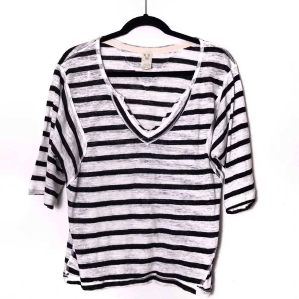 We The Free Black And White Striped V-Neck Short Sleeve Shirt